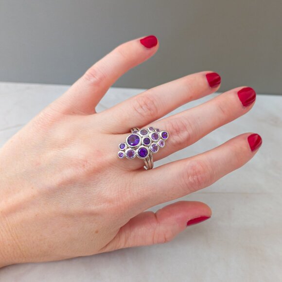 Sterling Silver Cluster Ring with Amethyst and Pink Amethyst – Size 10 - Picture 4 of 10